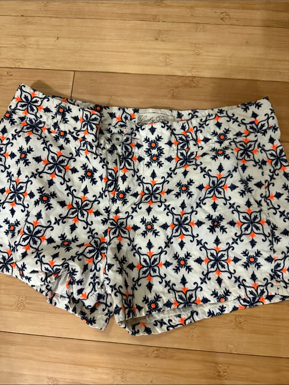 Lucky Brand White Shorts with Navy and Orange Tile Floral Print